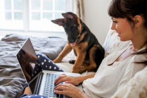 woman and pet on computer